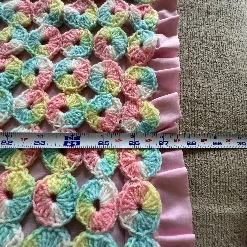 Handmade Crochet Baby Blanket and Pillow Set Pastel Pink Blue Yellow Ruffle
